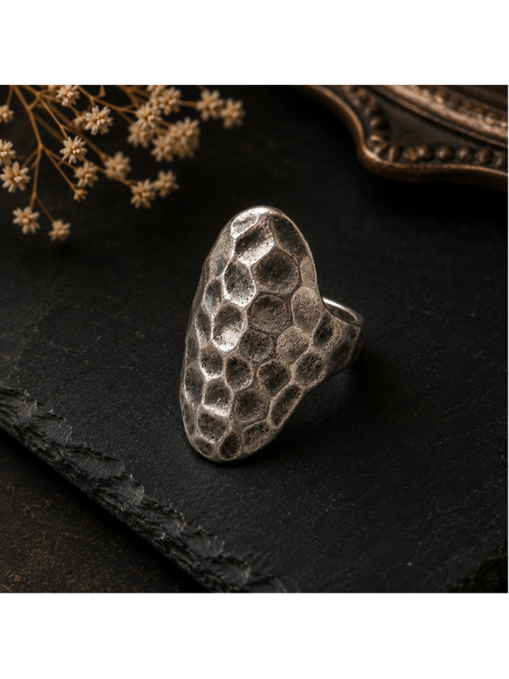 Vintage Hammered Organic Statement Ring – Modernist Textured Silver Tone Ring